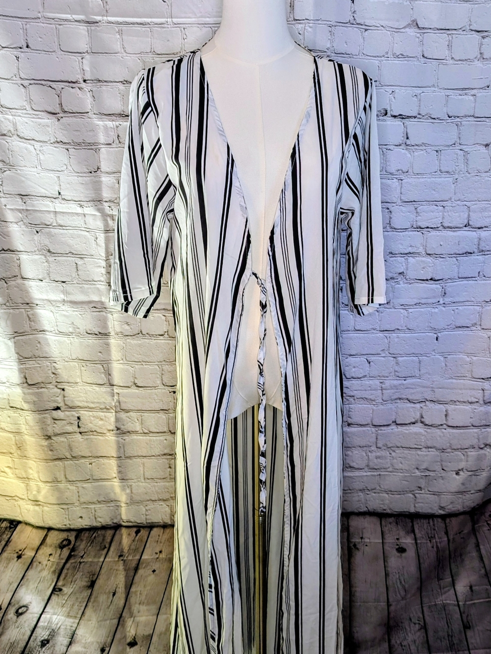 South Beach Striped Long Open Front Duster Cardigan Coverup in White and Black 8